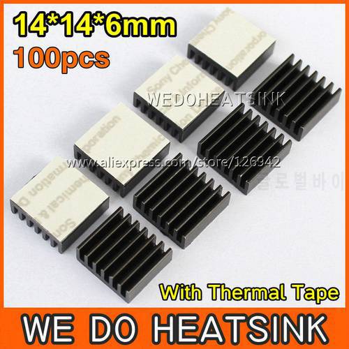 100pcs 14x14x6mm Black Heat Dissipation Aluminum Heatsink Cooler With Thermal Conductive Double Sided Tape