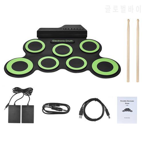 Portable Electronic Drum Digital USB 7 Pads Foldable Drum Set Silicone Electric Drum Pad Kit With DrumSticks Foot Pedal