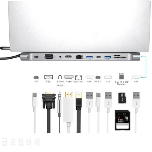 DeepFox Type C HUB to 3.0 USB HDMI-compatible 4K RJ45 USB HUB For MacBook Pro USB Splitter Multi 11 Ports Type C HUB USB-C HUB