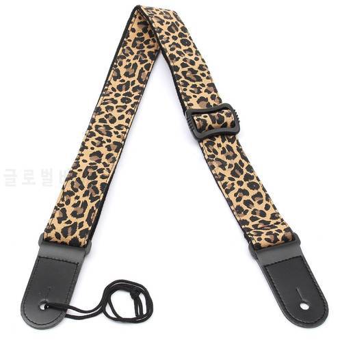 Adjustable Guitar Strap Denim Belt Leather Ends, Yellow Leopard print Washable No Fading Cartoon Style