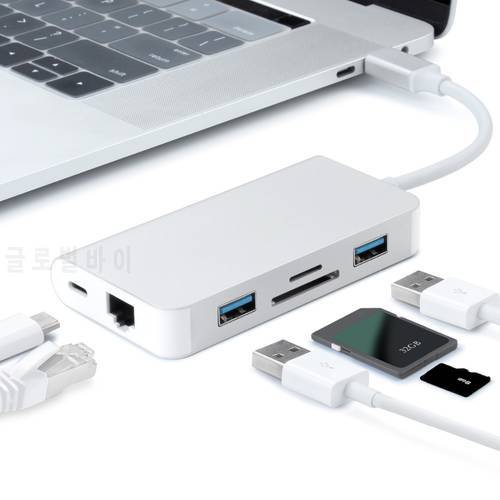 Multifunction 6 in 1 Type C Hub USB 3.0 With Power Adapter RJ45 TF/SD Card Reader For Macbook Pro Samsung Huawei with Type-C Hub