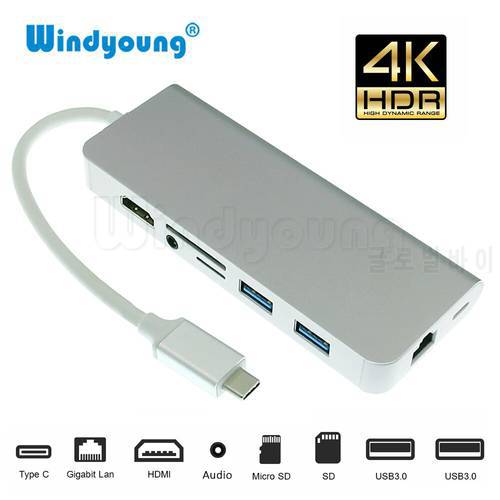 8 in 1 USB 3.1 Type C HUB to 4K HDMI 3.5mm Audio RJ45 Gigabit Ethernet Adapter with Type C PD Charging SD TF Card Reader Hub