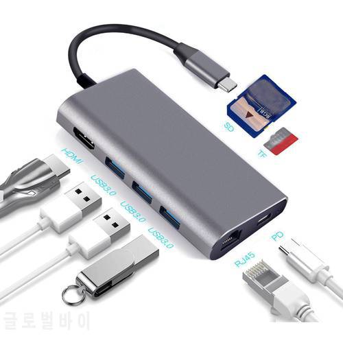 8 in 1 USB-C USB 3.1 Type C Hub with 4k HDMI 3 USB 3.0 Ports Rj45 Ethernet Hub SD/Micro Card Reader Type C Charging Adapter Hub