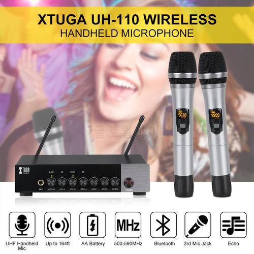 XTUGA UHF Dual Channel Wireless Handheld Microphone,Easy-to-Use Karaoke Bluetooth Microphone with Treble/Bass/Echo Effect