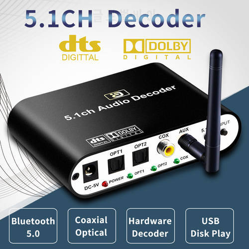 5.1CH Audio Decoder Wireless Bluetooth 5.0 Reciever DAC Audio Adapter Optical Toslink Coaxial AUX USB disk play DTS AC3 FLAC