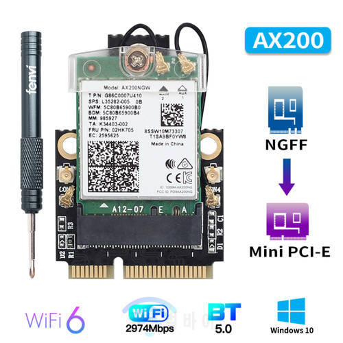 2974Mbps Mini PCI-E Wi-Fi 6 Adapter Wireless Bluetooth 5.1 Intel AX200 Wifi Card AX200NGW 802.11ax/ac 160Mhz 2.4G/5G Windows10