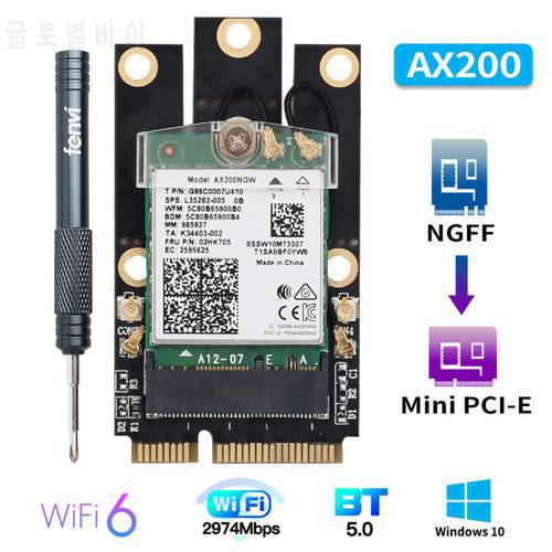 Mini PCI-E Wi-Fi 6 Adapter Wireless 2974Mbps Bluetooth 5.0 Intel AX200 Wifi Card AX200NGW 802.11ax/ac 160Mhz 2.4G/5G Windows10