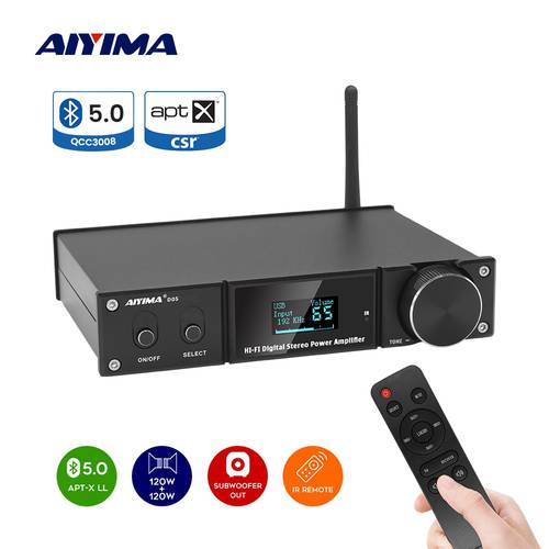 AIYIMA D05 5.0 Bluetooth Sound Amplifier 120W×2 HIFI 2.1 Channel Digital Power Amplifiers Subwoofer Amp USB DAC OLED Remote APTX