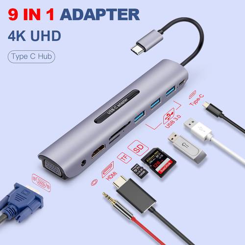 Type C Adapter HDMI Hub 4K USB C 3.1 to VGA 60HZ Converter ,for Macbook Huawei with USB C PD Charging SD Slot usb c Adapter