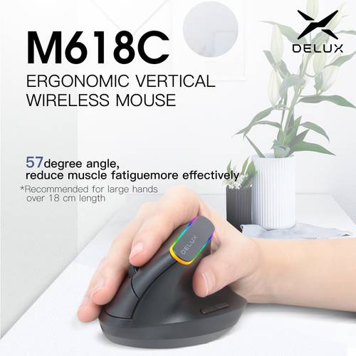 Delux M618C 2.4G Wireless Vertical Mouse Ergonomic 6 Button 1600 DPI Computer Mouse Mini USB Colorful Light Game Mice For Laptop