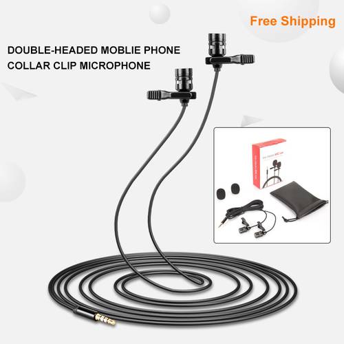 Dual-Head Lavalier Microphone 1m Clip-on Collar Condenser Microphone Lapel Mic for Smartphone Computer Pad Vlog Microphone