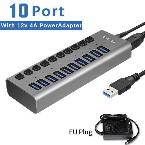 10 Ports USB Hub 3.0 With EU/US Power Adapter Multi USB Hub With on/off Switch USB Splitter High Speed Hab for MacBook Laptop PC
