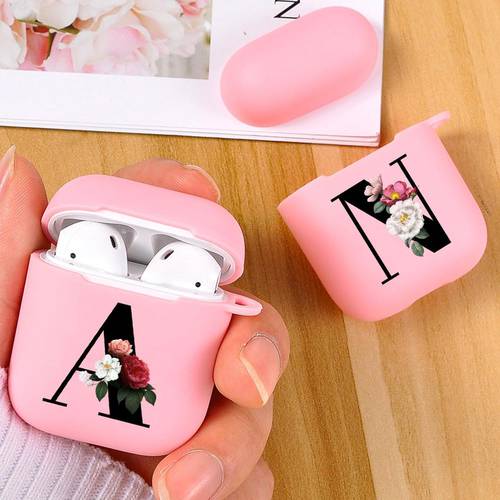 Flower Silicone Light Pink Cover For Airpods 2 Case Earphone Accessories For Airpod Cases Floral Initial alphabet Letters Coque