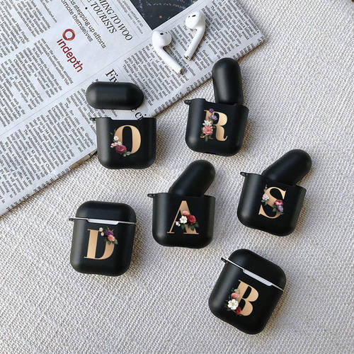 Floral Gold Initial alphabet Letters Black TPU For AirPod 2 Cases For iPhone Charging Box For AirPods 2 Case Protective Flowers