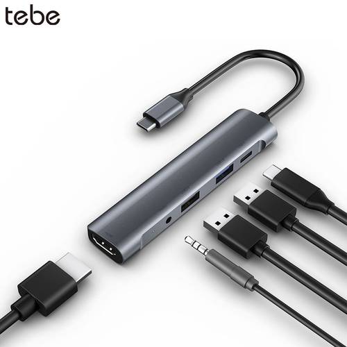 tebe 5 IN 1 USB-C Hub Type C to 4K HDMI-Adapter 3.5mm Audio Jack USB C to USB 3.0/2.0 60W Type-c PD Docking Station For Macbook