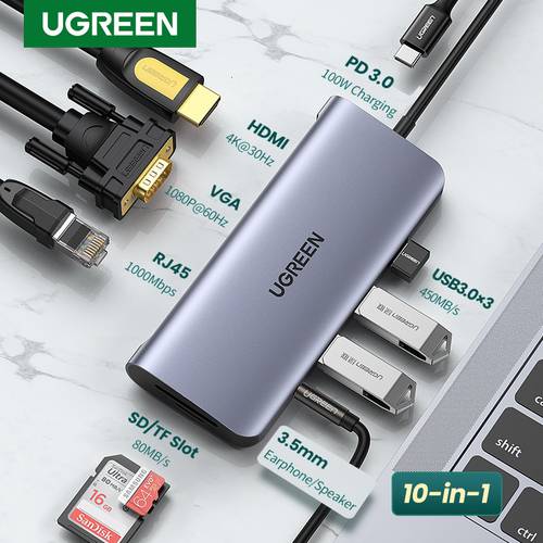 UGREEN USB C HUB 10 in 1 USB Type C to HDMI 4K USB 3.0 VGA PD 3.5mm Full Function HUB for MacBook/Pro/Air iPad Pro USB C HUB