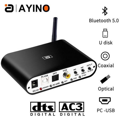5.1CH Audio Decoder Bluetooth 5.0 Reciever DAC Wireless Adapter PC-USB Optical Coaxial AUX APM USB Disk Play DTS AC3 FLAC