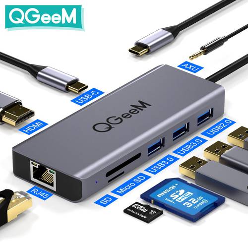QGeeM USB C Hub for Macbook Pro Air HDMI VGA Micro SD Card Readers RJ45 Aux PD OTG Multi USB Hub Type C 3.0 Adapter for Notebook