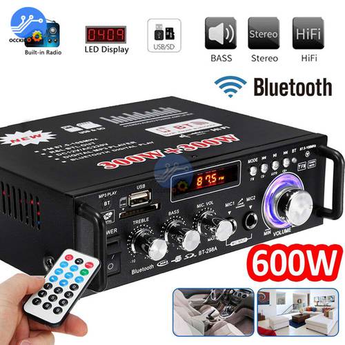 600W Bluetooth Amplifier 300W+300W 2CH HIFI Audio Stereo Power AMP USB FM Radio Car Home Theater with Remote Control