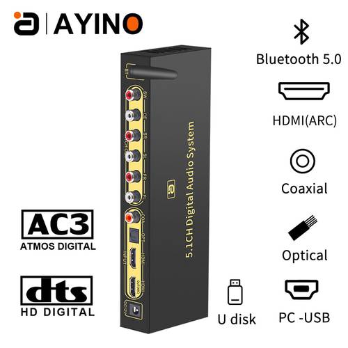 5.1CH Audio Converter Decoder Bluethooth 5.0 ATOMS DAC Converter HDMI- ARC SPDIF Coaxial RCA AC3 FLAC APE 4K*2K 192khz