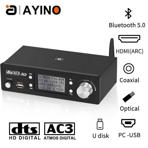 HD920 5.1CH Audio Decoder Bluetooth 5.0 Reciever DAC DTS AC3 Dolby Atmos 4K HDMI-compatible SPDIF ARC PC USB Sound Card