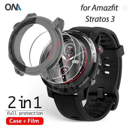 2+1 Protector Case + Screen Protector for Huami Amazfit stratos 3 smart watch Soft TPU Protective Cover Tempered Glass Film