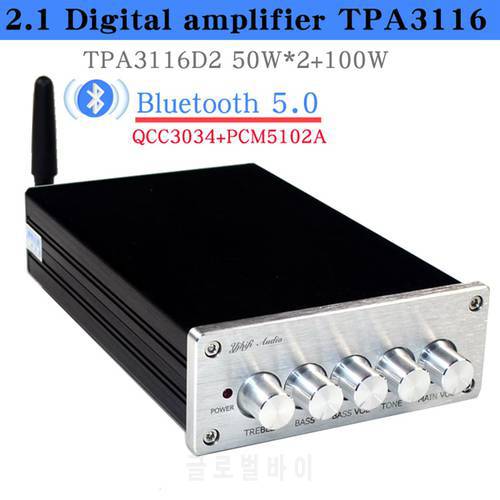HIFIDIY TPA3116D2 A2.1N Subwoofer Amplifier Digital Audio Amplifier 2X50W+100W Home Bass Subwoofer Speaker Bluetooth 5.0