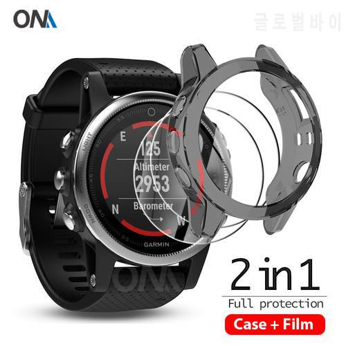 2+1 Protector Case + Screen Protector for Garmin fenix 5 5S 5X smart watch Soft TPU Protective Cover Shell Tempered Glass Film