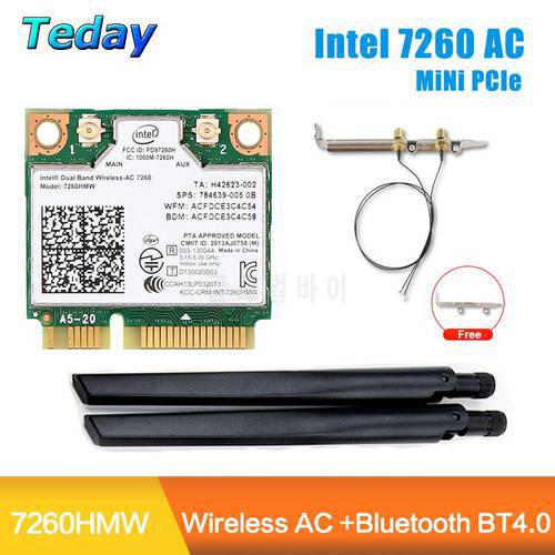 1200Mbps Wireless Intel 7260 AC Wifi Card 7260HMW Half Mini PCI-E 2.4G/5Ghz Bluetooth 4.0 Adapter 802.11ac IPEX Antennas mini pc