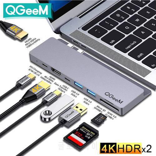 QGeeM USB C Hub Dock for Macbook Pro SD TF Card Readers Dual HDMI PD Multi USB Hub Type C Adapter Splitter Type-C Hub for Laptop
