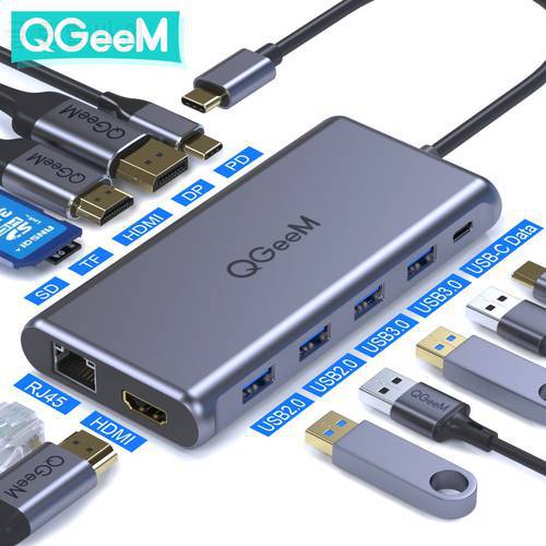 QGeeM USB C Hub for Macbook Pro Triple Display Type C Hub to Dual 4K HDMI & DP Micro SD Card Readers RJ45 PD USB3.0 Hub Adapter
