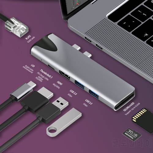 USB 3.1 Type-C Hub To RJ45 HDMI Adapter 4K Thunderbolt 3 USB C Hub with Hub 3.0 TF SD Reader Slot PD for MacBook Pro/Air