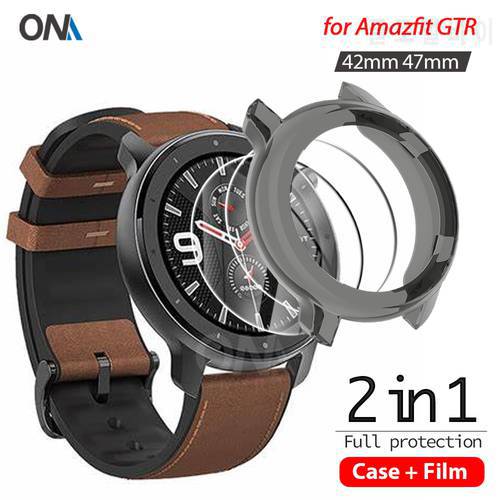 2+1 Protector Case + Screen Protector for Huami Amazfit GTR 42MM 47MM smart watch Soft TPU Protective Cover Tempered Glass Film
