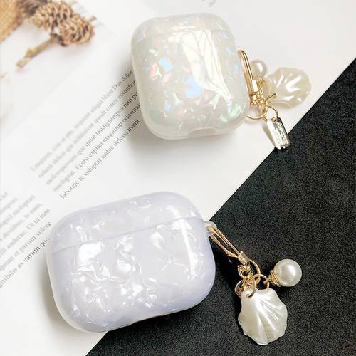 Luxury Cute Pearl Shell metal Keychain Silicone Headphone Earphone case for Airpods 1 2 pro Lovely Glossy Wireless Headset cover