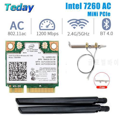 1200Mbps Intel 7260 Mini PCIE Wifi Network Card Wireless Dual Band 7260HMW Bluetooth 802.11 ac WiFi Adapter Antenna For Desktop