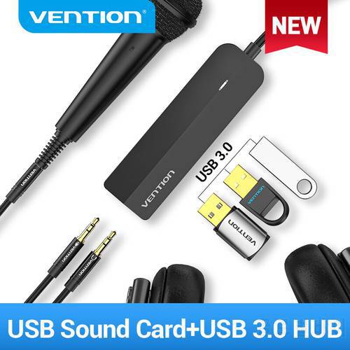Vention USB 3.0 Hub 3 Ports USB Sound Card 2 in 1 External Stereo Audio Adapter 3.5mm with Headphone Microphone USB Sound Card