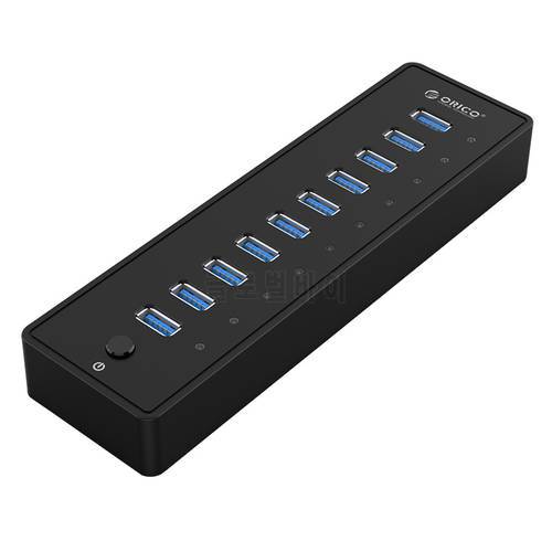 10 Ports USB3.0 HUB Desktop hub 12V3A Power Supply With 1.0M Data Cable Fireproof ABS For PC Mac Laptop Black, P10-U3