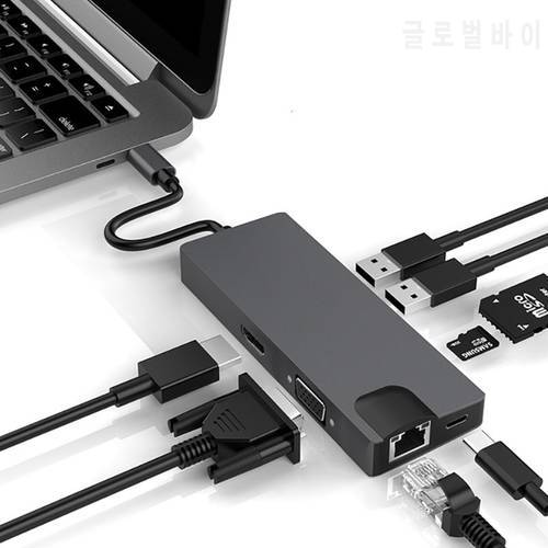 8 IN 1 High Speed USB 3.0 HUB USB Type C Multi Function Dock PD Fast Charging Adapter Ethernet Network Hub For Macbook Pro