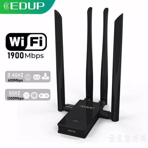 EDUP 1900Mbps USB WiFi Adapter USB 3.0 Wireless Network Card Wifi Receiver 2.4G/5Ghz 4*6dbi Antennas for Laptop Desktop Computer