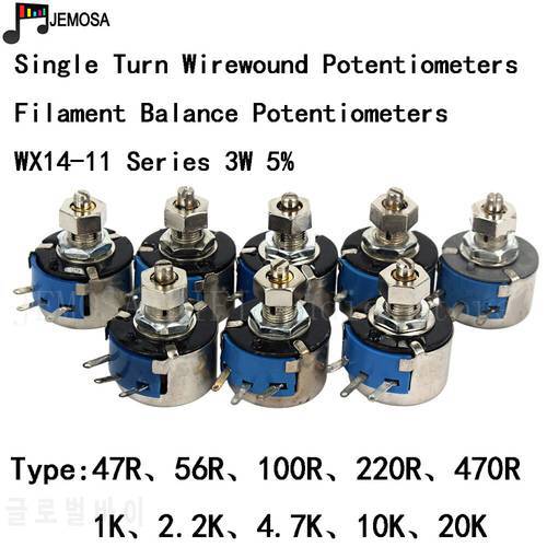 10PCS DIY HIFI Single Turn Wirewound Potentiometers WX14-11 3W 47R 56R 100R 220R 470R 1K 2.2K 4.7K 10K 20K 5% Filament Balance