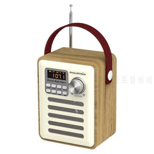 FM Radio Retro Wooden Box Radio with Handle, with Bluetooth Speaker Function