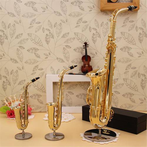 Mini Saxophone Model Musical Instruments Copper Brooch Miniature Desk Decor Display Sax Gold Color Pocket Sax Alto with Bracket