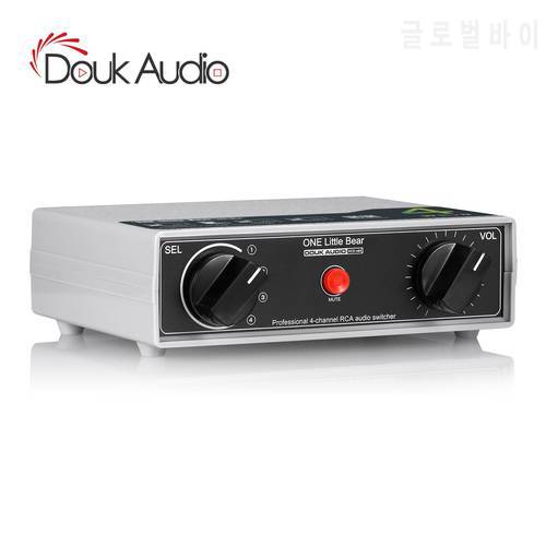 Douk Audio Mini 4 Channel Analog Audio Switcher with One Key Mute Volume Control RCA Stereo Splitter Box Passive Preamp