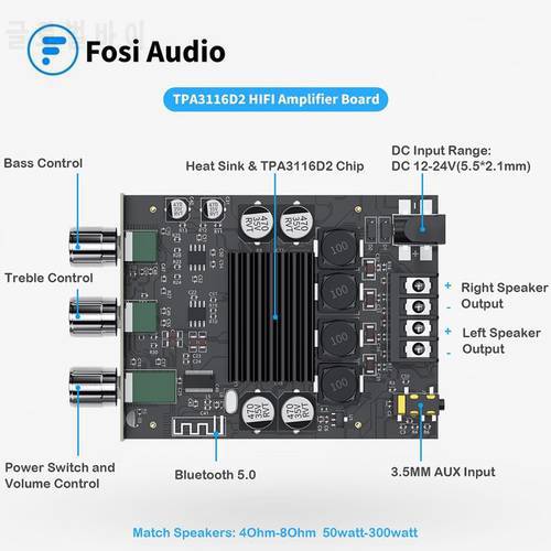 Fosi Audio ZK-1002T Bluetooth Treble and Bass Adjustment Subwoofer Amplifier Board Channel High Power Audio Stereo Bass AMP