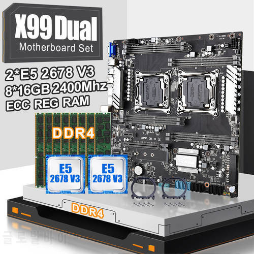 X99 dual CPU motherboard set with 2pcs XEON E5 2678V3 CPU and 8*16gb ddr4 ecc reg 2400mhz RAM,PCI-E 16X, SATA3.0 EATX