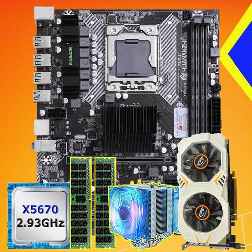 HUANANZHI X58 LGA 1366 Motherboard Combo Xeon X5670 2.93GHz CPU Cooler 2*8G 16G RAM RECC GTX750Ti Video Card 2G Computer DIY