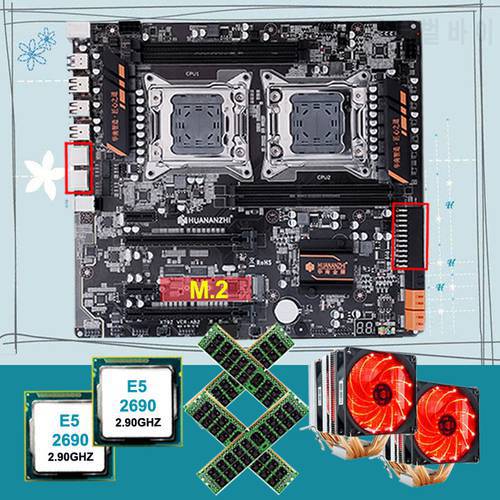 HUANANZHI X79-4D Dual Socket Motherboard Bundle M.2 NVMe SSD Slot 2 CPU Intel Xeon E5 2690 with Coolers RAM 64G(4*16G) REG ECC