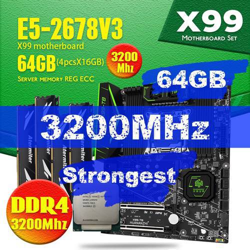 HUANANZHI Intel Xeon E5 2678 V3 X99 F8 Motherboard Set With DDR4 LGA2011-3 and 2011 64GB = 16GB *4pcs 3200MHz Memory REG ECC