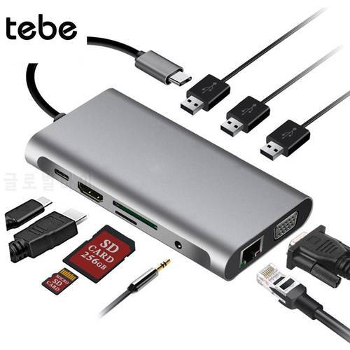 10 IN 1 Type C Hub Splitter USB C to 4K HDMI-adapter VGA RJ45 Ethernet Mulit USB 3.0 Dock Station 3.5mm SD TF Hub For Macbook