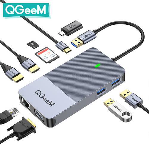 QGeeM Docking Station USB Hub 3.0 Triple Display Dual HDMI VGA USB Adapter Splitter for Xiaomi Laptops USB3.0 Hub PC Accessories